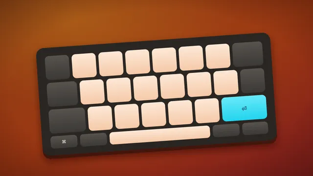 Illustration of a compact mechanical keyboard with cream and charcoal keycaps and one cyan enter key on a warm gradient