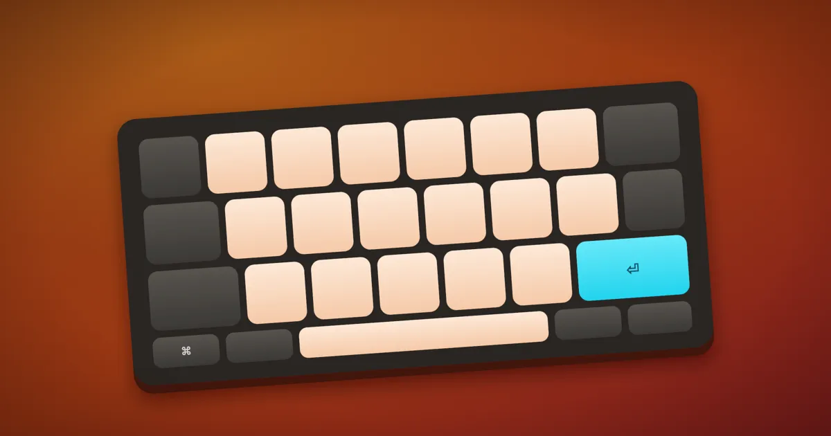 Illustration of a compact mechanical keyboard with cream and charcoal keycaps and one cyan enter key on a warm gradient