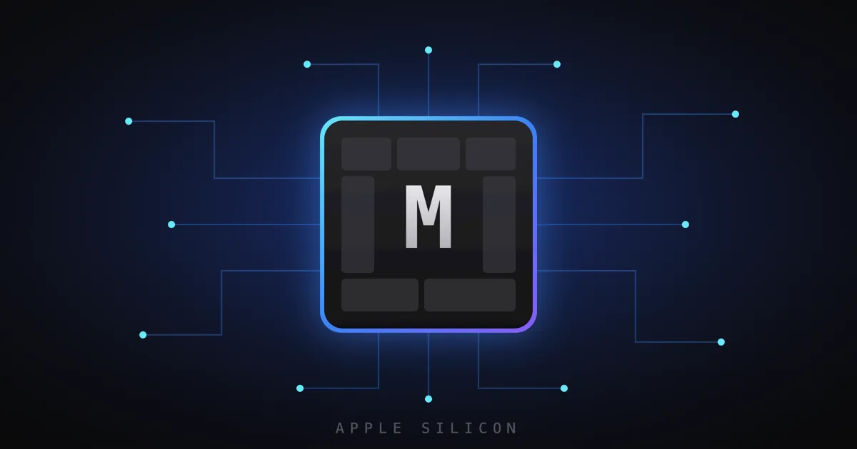 Illustration of a glowing Apple Silicon chip labeled M with circuit traces on a dark background