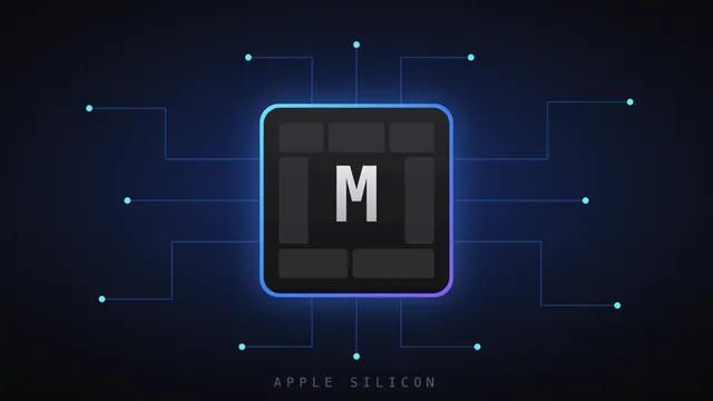 Illustration of a glowing Apple Silicon chip labeled M with circuit traces on a dark background