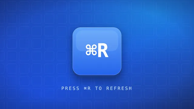 A glossy blue ⌘R keycap on a blue keycap-grid background with the caption press ⌘R to refresh