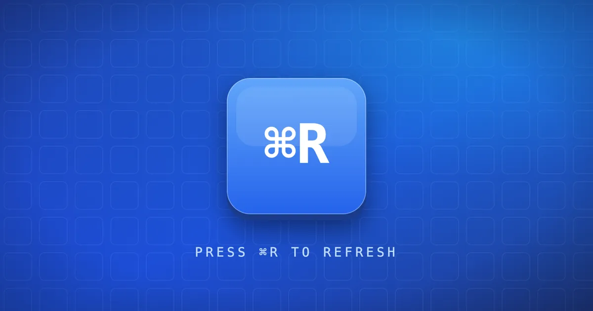 A glossy blue ⌘R keycap on a blue keycap-grid background with the caption press ⌘R to refresh