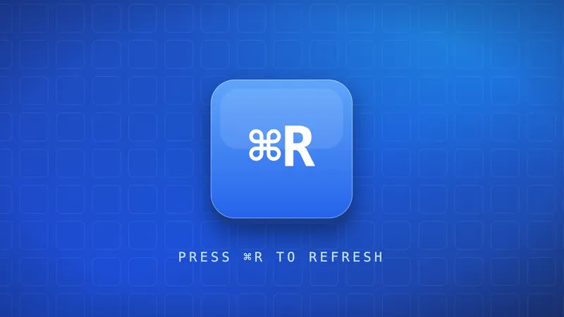 A glossy blue ⌘R keycap on a blue keycap-grid background with the caption press ⌘R to refresh